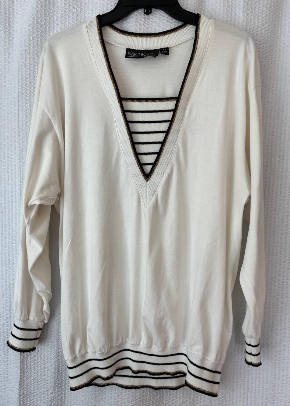 Karen Kane 100% Cotton V-Neck Cream Striped Metallic Trim Knit Top Size M USA